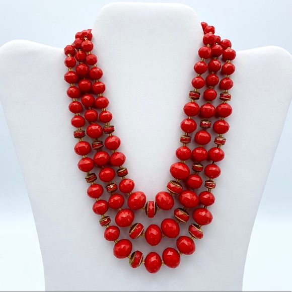 Jewelry - Vintage Germany Stamped Red Bead Multi Strand Nckl